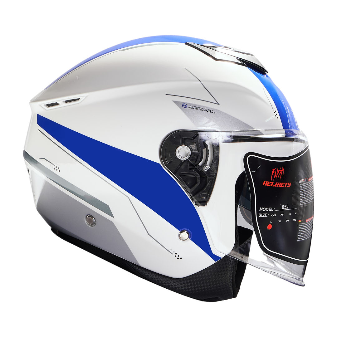 کلاه کاسکت بدون فک فلش مدل 852 glossy white-blue 1 کلاه کاسکت بدون فک فلش مدل 852 glossy white-blue