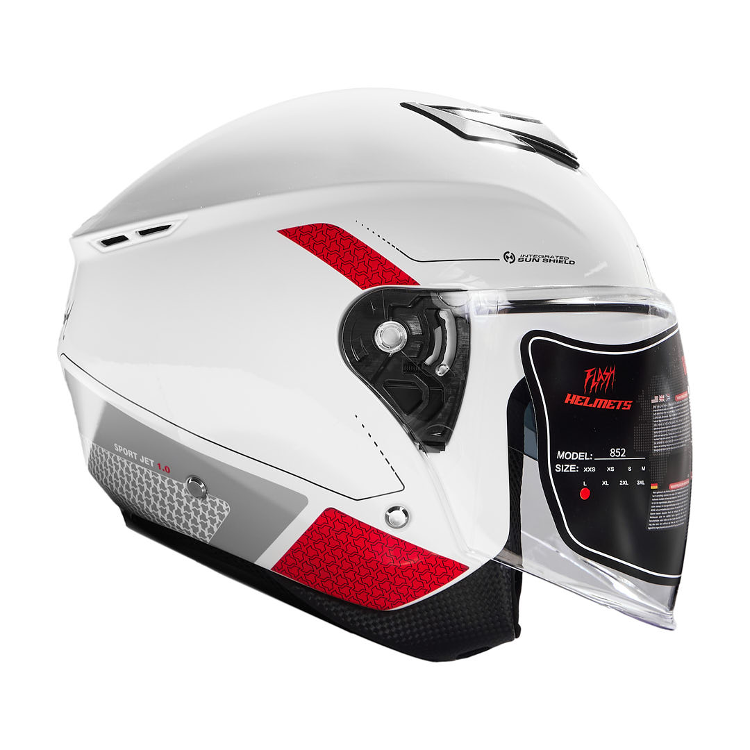 کلاه کاسکت بدون فک فلش مدل 852 glossy red-white 1 کلاه کاسکت بدون فک فلش مدل 852 glossy red-white