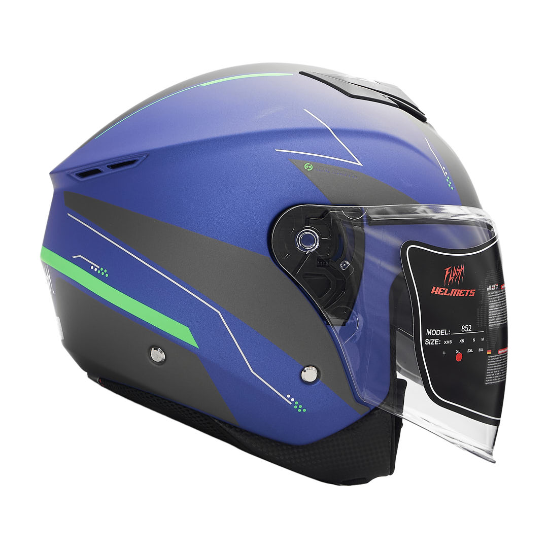 کلاه کاسکت بدون فک فلش مدل 852 matt blue-neon-green 1 کلاه کاسکت بدون فک فلش مدل 852 matt blue-neon-green